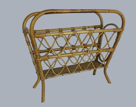 Vintage Rattan Bamboo Wicker Newspaper Magazine Rack Japandi Style 1950s