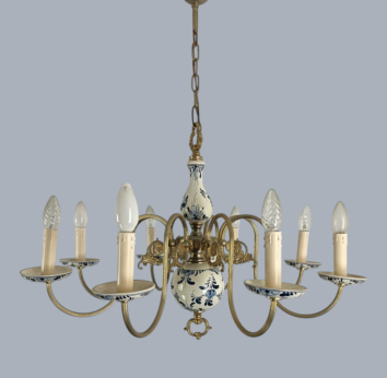 Vintage Dutch Delft Blue White Chandelier Porcelain Ornate Brass 8 Lights Arm 