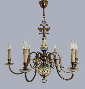 Chandelier 6 Arms Lights   Porcelain  Bronze Polychrome Delft  Mid Century Country style