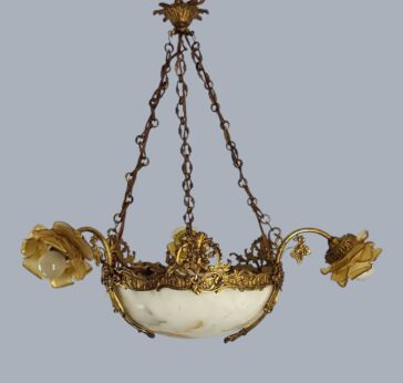 Art Nouveau Pendant Chandelier Alabaster Amber Flower Shades  Antique 4 lights 