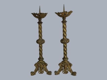Large pair Antique Church Altar Neo-Gothic Pricket Candlesticks Holders Ornate