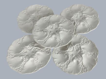 set of 5 Vintage Oyster Plates Seafood Lobster White Majolica Ceramic