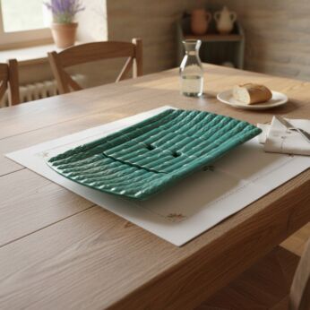 Rare 1930s Saint Amand Blue Faience Asparagus Serving Dish with Drip Tray