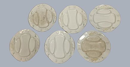 Set of 6 Antique Faience Asparagus Plates - France Embree White Gold Rim
