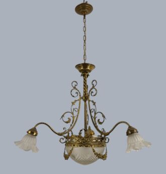Antique  Art Nouveau Chandelier brass  Ornate flower shades Etched glass  4 lights