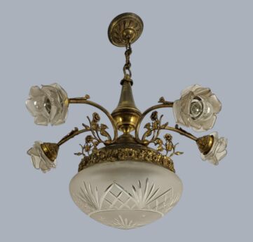 5 arm 6 lights art nouveau chandelier etched glass shade antique gorgeous