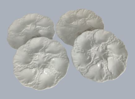 4 White Vintage Portuguese Ceramic Oyster Plates, Marked