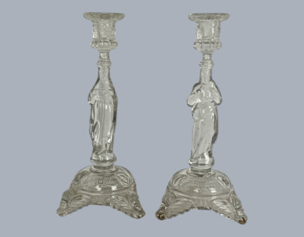 Vintage Couple of Art Glass Candlestick Holders Val St Lambert Belgium Virgin Mary Jesus Holy Heart