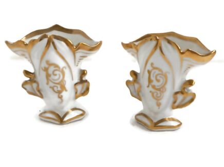 Pair Couple Vintage Porcelain  Vieux Paris Fan Flair Vases  Small Antique 