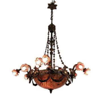 Antique Art Deco Bronze Dore art glass French Chandelier 12 Lights  Guirlandes WOW