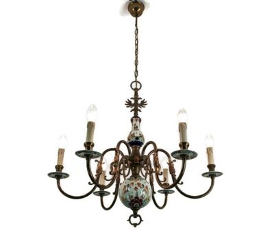 Delft Chandelier Polychrome  8 arm 8 lights modernist vintage barn Farmhouse Style 