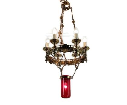 Gothic Antique Chandelier Bronze Art Glass Red 7 lights Ornate Very Rare WOW