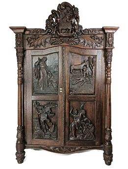 Gothic Antique 18th century Carved Oak Religious scenery Saint Dragon Cabinet WOW 