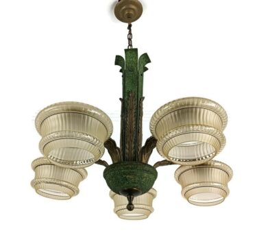 Art Deco Chandelier Antique Fixture Art glass Uranium lights up Extremely Rare 5 lights