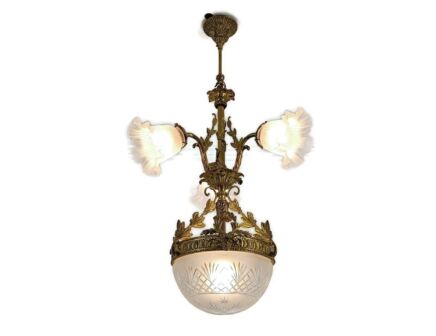 Art Deco Chandelier Pendant Fixture France Bronze Doré Glass Shade Gorgeous