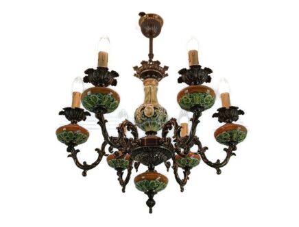 Vintage Chandelier Fixture Pottery Faience Brass Majolica 6 lights France  Beautiful 