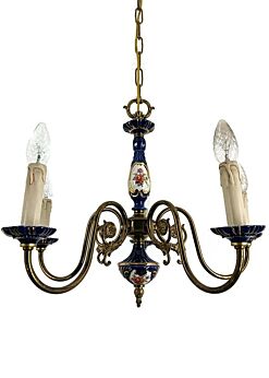 Blue Porcelain Brass Italian Chandelier Fixture Vintage 5 lights 
