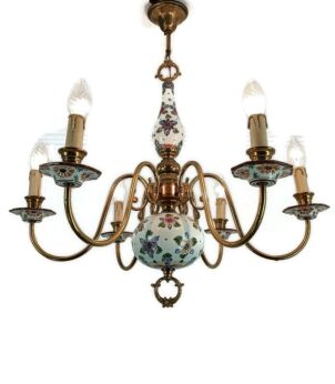 Delft Style Chandelier Fixture Vintage Italian Porcelain Brass Polychrome 6 lights