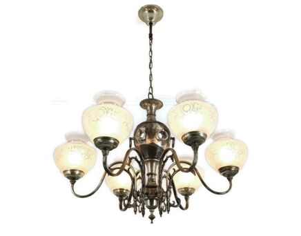 Silver Plated Chandelier Brass Glass hand Painted Shades 6 lights Vintage Victorian style