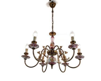 Chandelier Italy Pink Flowers Fish 6 lights Vintage Beautiful Brass Farmhouse style