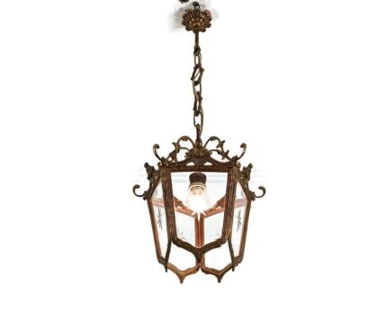 pendant Lantern Etched Art glass Ceiling Light Brass Vintage Hallway Chandelier