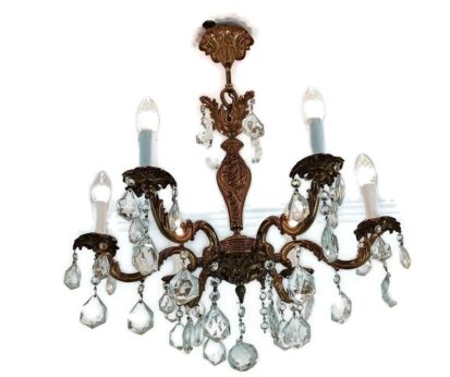 Lovely Vintage Chandelier French Hollywood regency style brass art glass prisms 6 lights