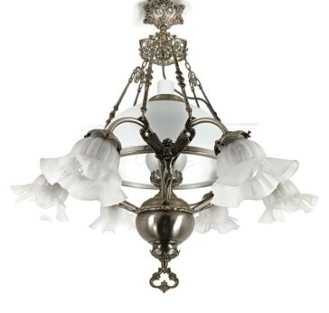 Chandelier in Art Nouveau Style 7 lights Glass shades Silver Colored Brass 6 arm Lovely vintage