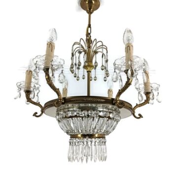 French Antique Chandelier Brass Art glass Prisms very chic 9 lights wedding chandelier