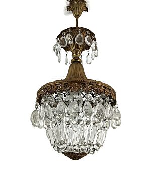 French Wedding Bag Chandelier Romantic Ornate Brass 1 light art glass prisms vintage