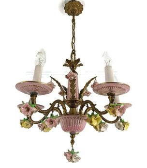 Vintage Romantic Chandelier Pink Porcelain Italy Capodimonte style  pink flowers 5 lights