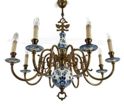 Hand painted Delft Chandelier blue white 8 lights eagles fish vintage French farmhouse style