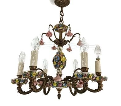 Italian Chandelier Porcelain lots of 3D flowers Romantic Gorgeous Vintage 6 llights