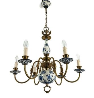 Hand painted Delft Chandelier blue white 6 lights eagles fish vintage French farmhouse  Barn style 