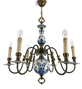 Vintage hand Painted Delft Blue white porcelain Brass Chandelier Fish6 lights  Farmhouse style 