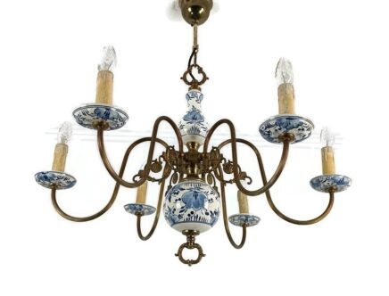 Small Delft Blue white porcelain chandelier 6 lights vintage, barn farmhouse style