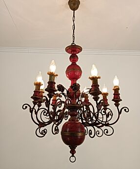 Italian Patinated Wooden Wrought Iron Flowers Chandelier Vintage 8 lights 