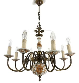 Chandelier Pottery Faience Porcelain brass Flemish Dutch style eagles polychrome vintage