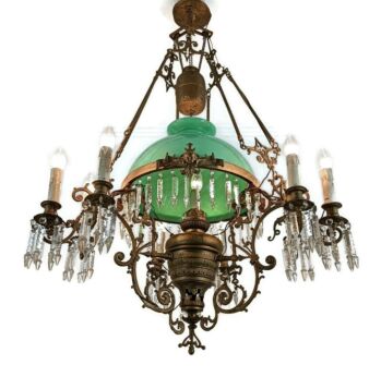 lampe Belge Antique Chandelier Green Opaline glass Shade ornate Brass 10 lights Antique 