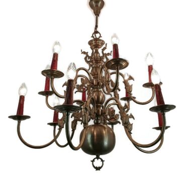 Vintage Dutch Flemish Chandelier Tinted Brass two tier 12 lights!! Farmhouse style WOW
