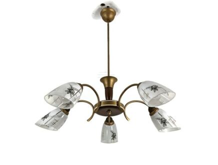 Spider Chandelier Art Glass Shades with butterflies Teak Brass 5 arm Vintage Pop Art 