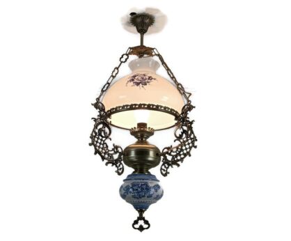 Gorgeous Delft  Chandelier Blue white with lampe Belge antique French Country style 1 light