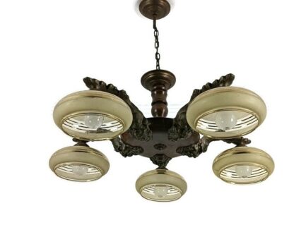 Art Deco Chandelier Fixture Art Glass UFO Shades Bronze Wood 5 lights Antique