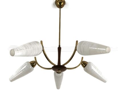 Vintage Spider retro Chandelier Teak Glass Brass 5 lights Glass Shades Funky 