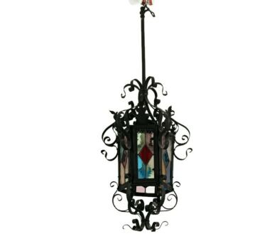 Antique Wrought Iron 19thC lantern Colored Glass France Gas pendant Electrified 1 light