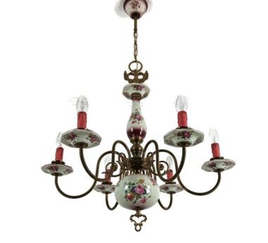 Italian Vintage Romantic Chandelier Porcelain Brass Flower Pattern 6 lights Barn style