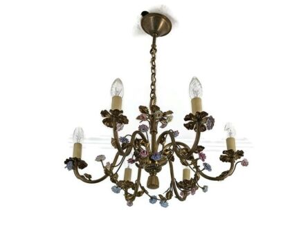 Chandelier Vintage Faux Brass Spelter Bronze Porcelain France Little flowers 6 lights gorgeous