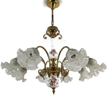Chandelier Italian Italy Porcelain Tulip Shades glass Brass 8 lights Vintage Romantic