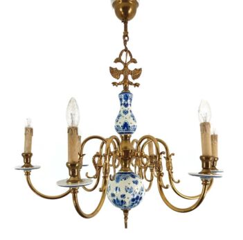 6 arm lights Delft Blue White chandelier eagles fish hand painted brass ornate farmhouse Beautiful
