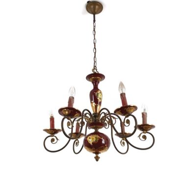 Chandelier 6 Arms Lights   Porcelain Tole Bordeaux Gold  Italian Vintage Beautiful