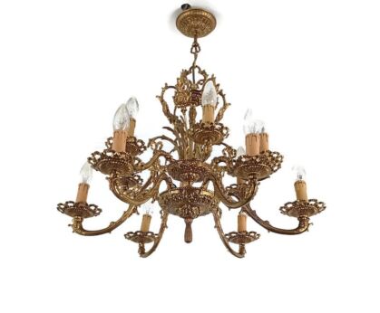 vintage Spanish revival chandelier 12 arm lights brass Gorgeous ornate ceiling fixture